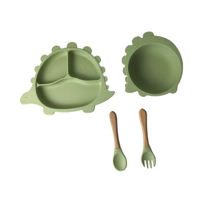 El silicón de la forma del dinosaurio que comía los utensilios fijó platos modificados para requisitos particulares para la alimentación del bebé