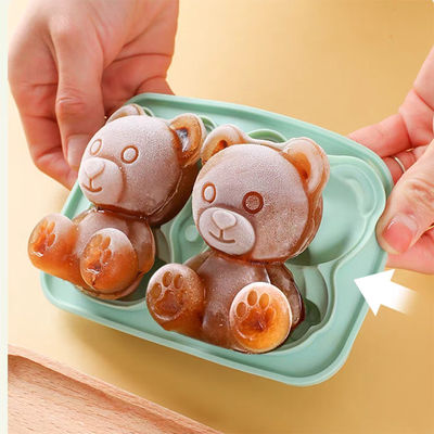 MHC Bpa Free Ice Cube Tray con tapa y contenedor grande de liberación fácil 3D en forma de oso Silicone Ice Cube Tray